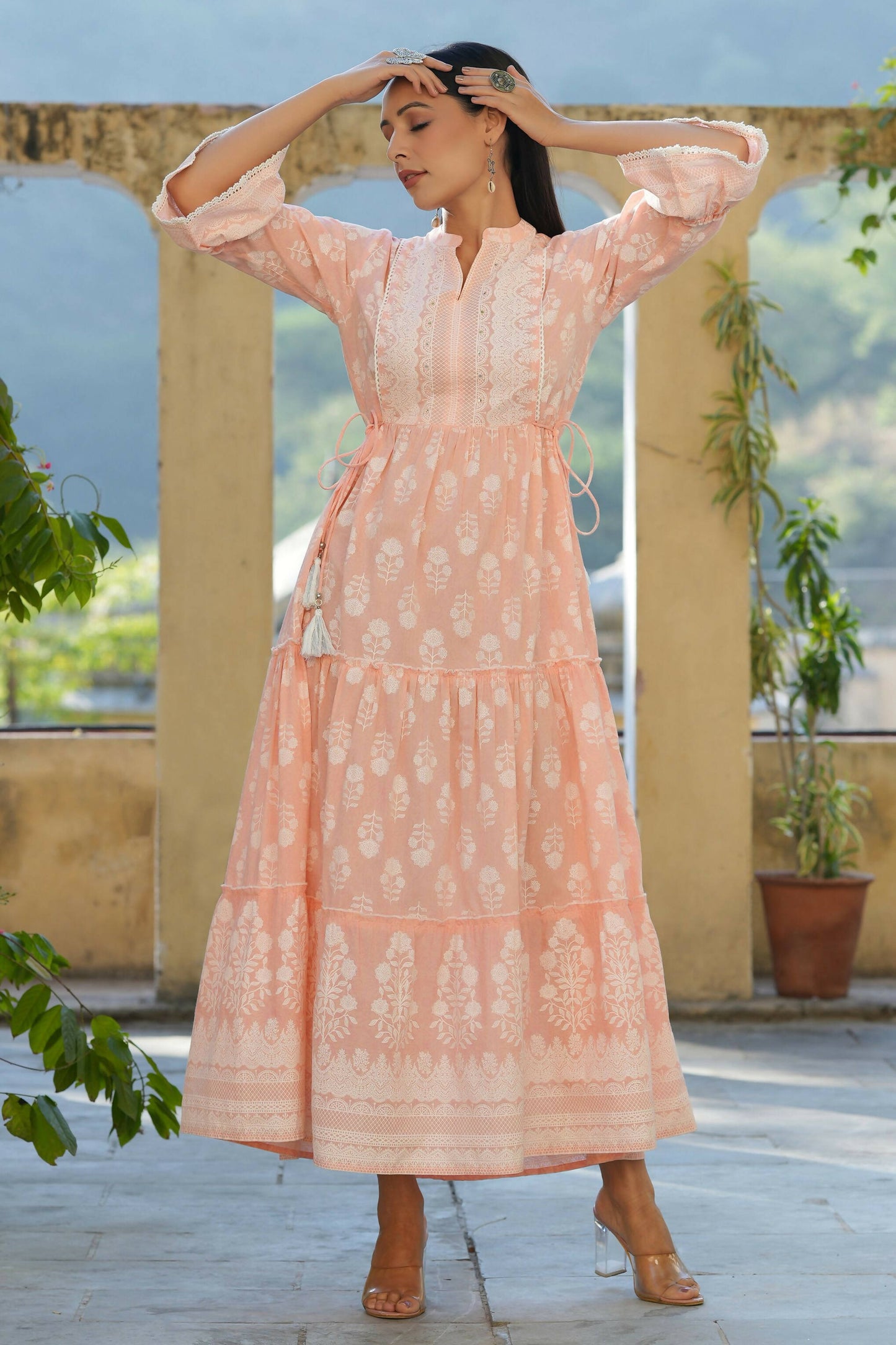 Juniper Women's Peach Cambric Floral Printed Maxi Tiered Dress