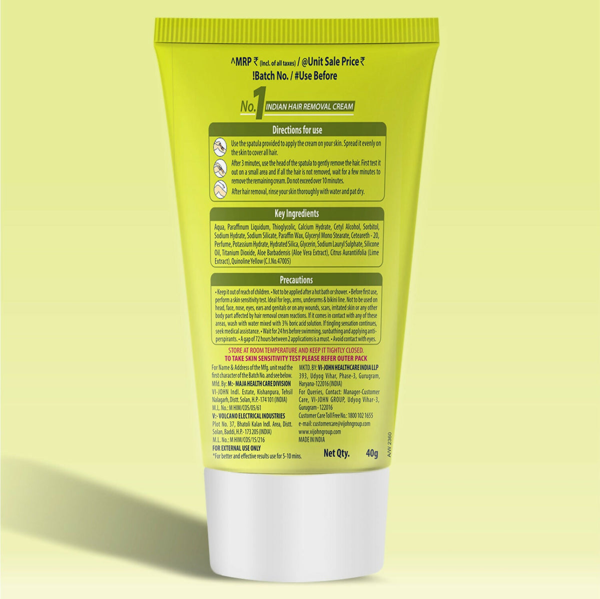 VI-JOHN Feather Touch Lime & Aloevera Hair Removal Cream for Women for Dry Skin, Suitable for Legs, Underarms, Bikini Line, Arms