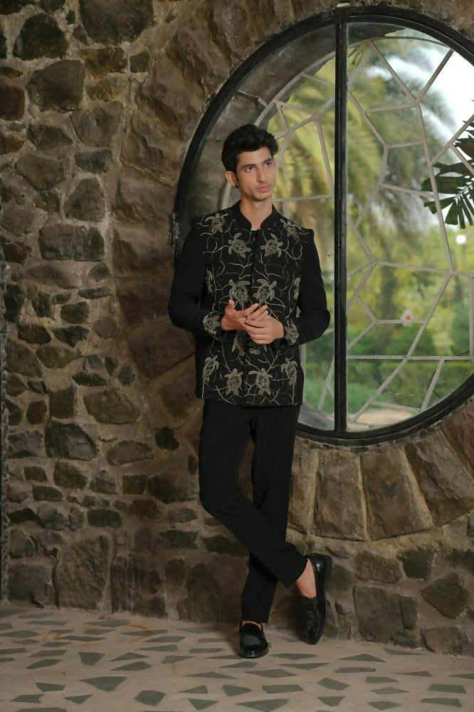 Classic Black Bandhgala Ensemble – Tortoise Embroidery by Hilo Design
