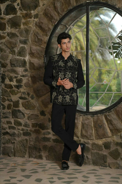 Classic Black Bandhgala Ensemble – Tortoise Embroidery by Hilo Design