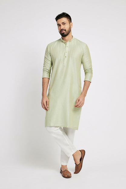 Ethnic India Green Men's Kurta Striped Polyester