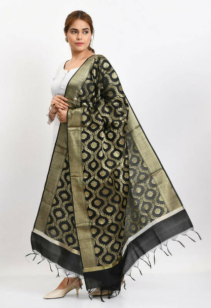 Mominos Fashion Moeza Women's Banarsi Silk All Over Woven Design Black Dupatta