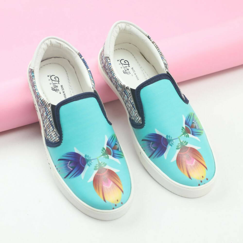 Tiny Bugs Girls Flower Printed Slip Ons Sneakers - Sky Blue