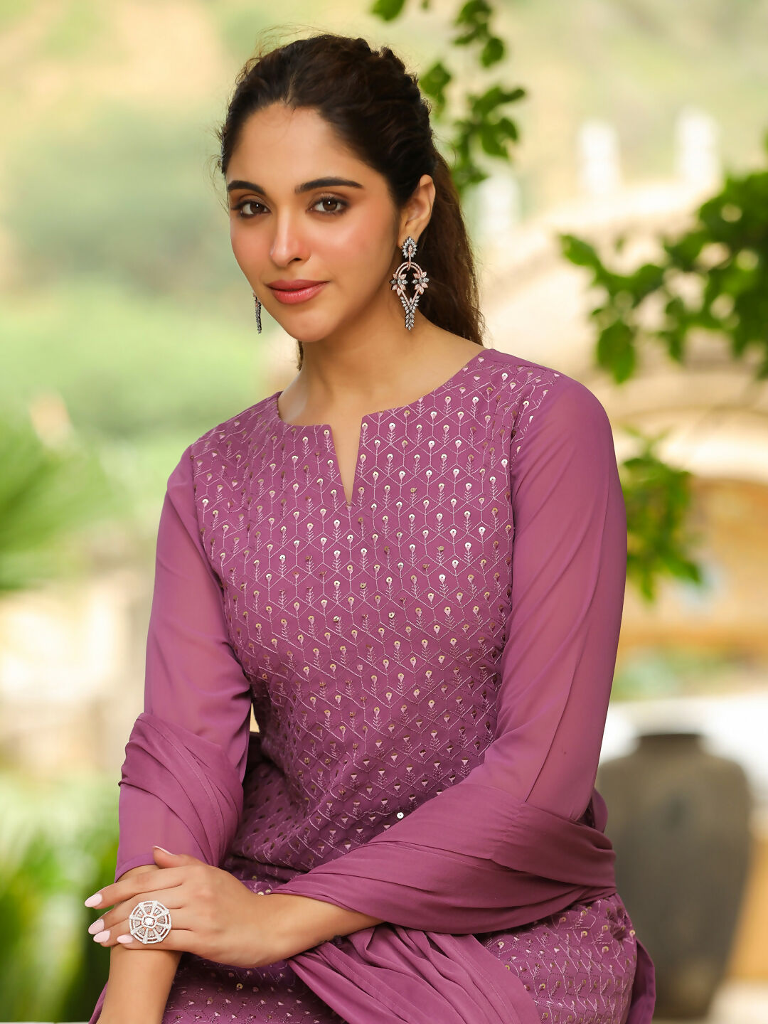 Janasya Lavender Georgette Embroidered Kurta,Bottom & Dupatta