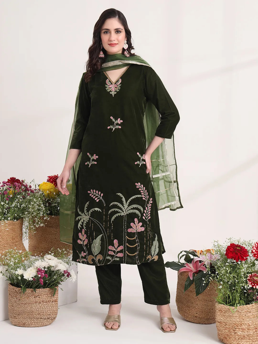Yufta Olive Straight Embroidery Kurta And Trouser With Dupatta Set