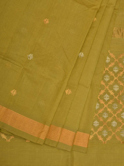 Olive Uppada Cotton Handloom Saree with Jamdani Pallu Design - Global Threads