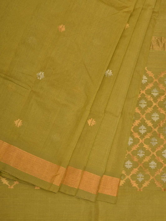 Olive Uppada Cotton Handloom Saree with Jamdani Pallu Design - Global Threads