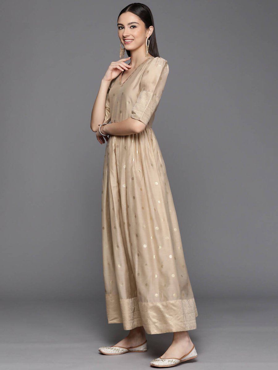 Ahalyaa Women's Beige Chanderi Gold Foil Print Dress