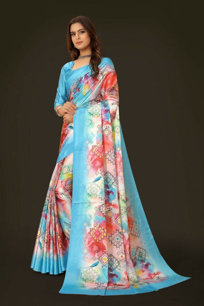 Aayaa Designer Printed Satin Saree - Multi Color