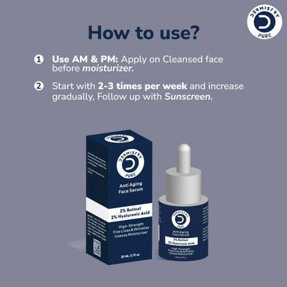 Dermistry Pure 2% Retinol 2% Hyaluronic Acid Anti Aging Moisturizer Fine Lines Wrinkles Face Serum