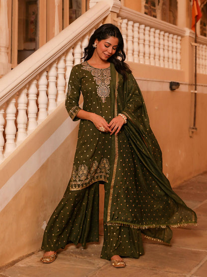 Juniper Women's The Swarn Olive Ethnic Motif Printed Rayon Kurta Pant And Dupatta With Zari Work & Sequins