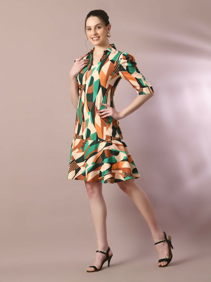 Myshka Women's Multi Printed Shirt Collar Fit and Flare Party Dress