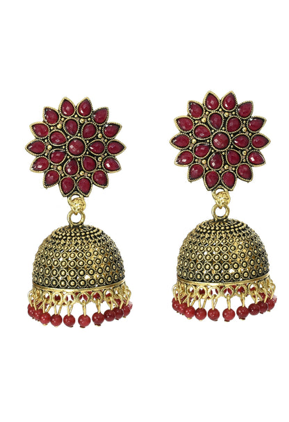 Mominos Fashion Joharkamal Kundan work Jhumka with Maroon Beads