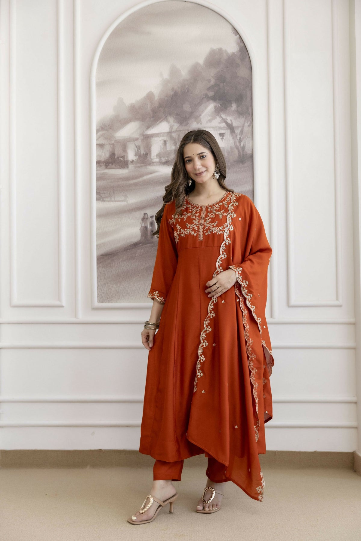 The52 Orange Women's Beautiful Vichitra Silk Fabric Embroidered Work Flared Anarkali Pant and Dupatta Set