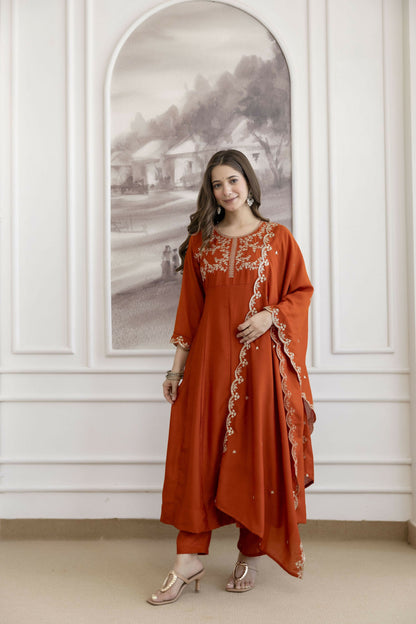 The52 Orange Women's Beautiful Vichitra Silk Fabric Embroidered Work Flared Anarkali Pant and Dupatta Set
