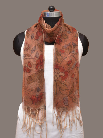 Orange Kalamkari Hand Painted Organza Stole with Floral Design - Global Threads