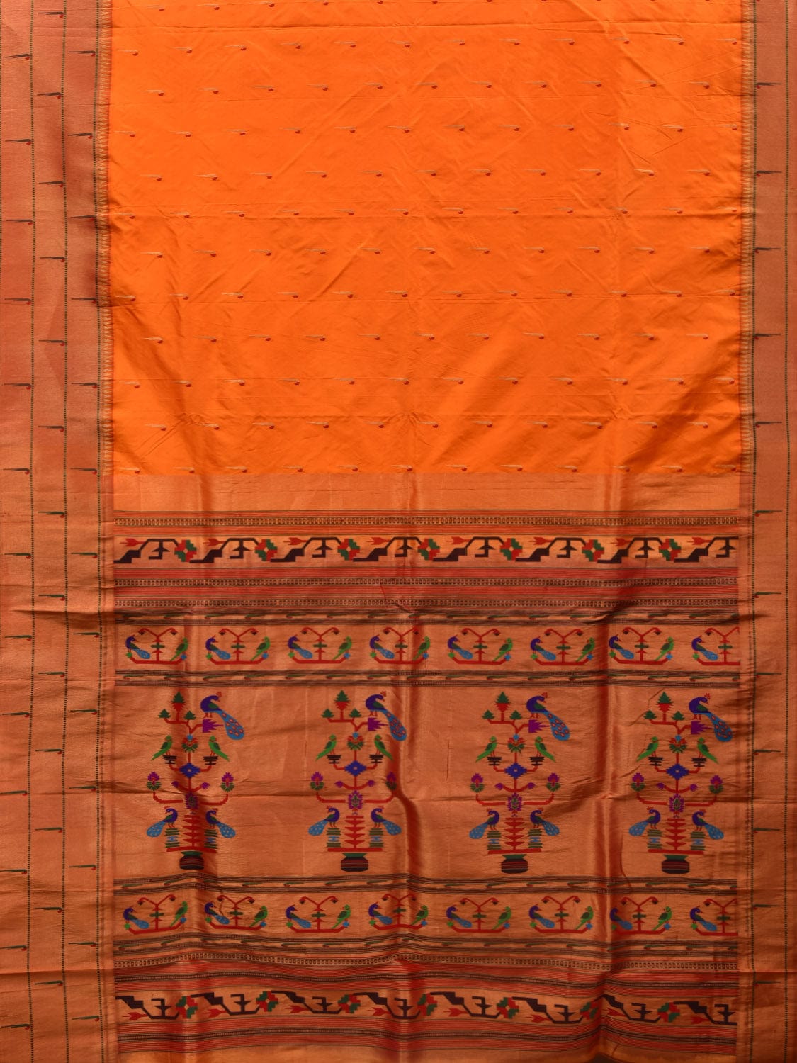 Orange Paithani Silk Handloom Saree with Triple Muniya Border Design - Global Threads
