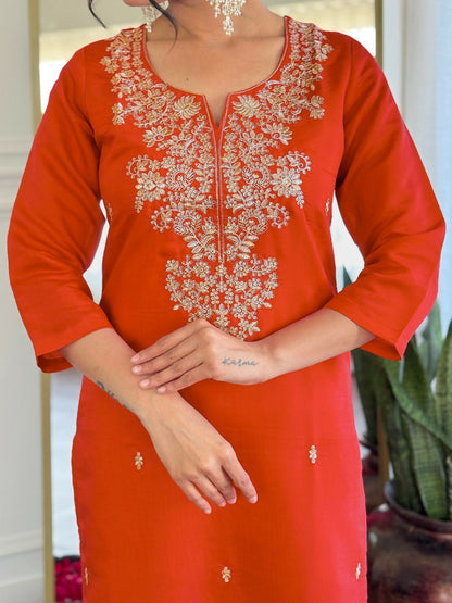 The52 Rust Women's Gorgeous Roman Silk Fabric Straight Kurta, Pant and Dupatta Set