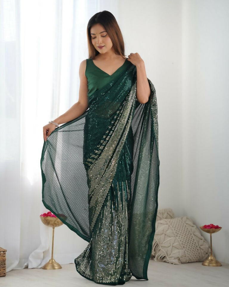 Green Georgette Designer Sequence Embroidery Work Saree - Sitare