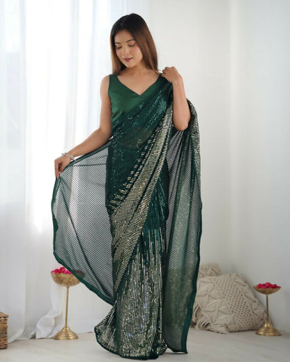 Green Georgette Designer Sequence Embroidery Work Saree - Sitare