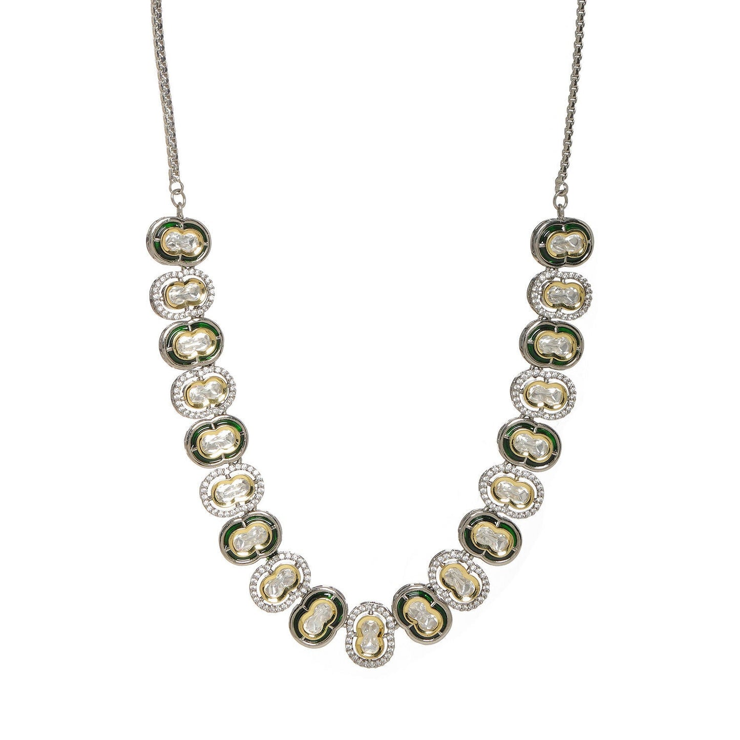 Mufli (peanut) Kundan Neckpiece with Meenakari and American Diamonds (Silver) - Ruby Raang