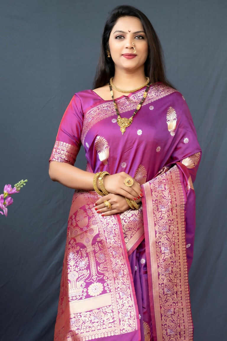 Jyoti Fashion Women's Purple Paithani Silk Zari Woven Saree with Blouse