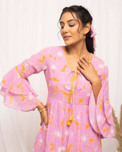 FIORRA Women's Light Pink Georgette Floral Printed Western Dress