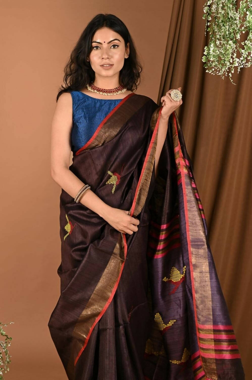 Very Much Indian Handloom Pure Dupion Silk Saree With Sleek Golden Border - Brown