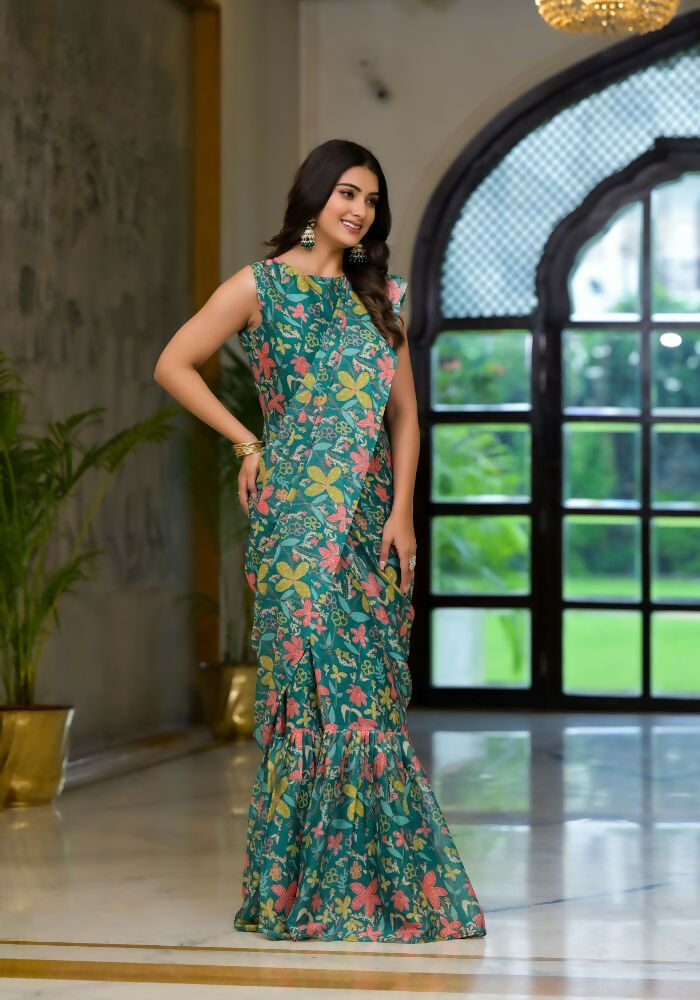 Partywear Designer Green Slime Georgette Fancy Saree - Anbazaar