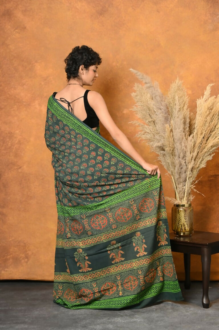 Very Much Indian Handblock Printed Cotton Saree With Natural Dyes - Green