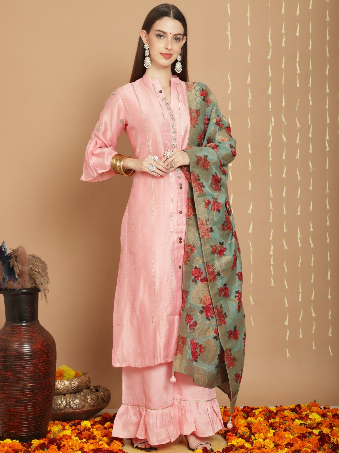 Jyoti Fashion Women's Peach Chanderi Silk Elegant Jardoshi Kurta with Trouser & Dupatta