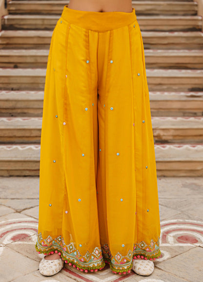 Juniper Women's Mustard Thread Embroidered Georgette Shirt Jacket & Palazzo Set With Mirror Work & Sequins