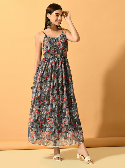 Myshka Women's Grey Fit and Flare Party Dress