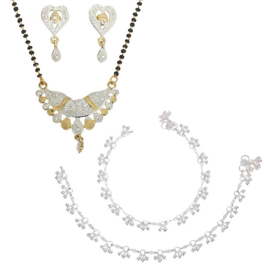 AanyaCentric Gold-Polished Mangalsutra Pendant Earring Set & Silver Plated Anklet