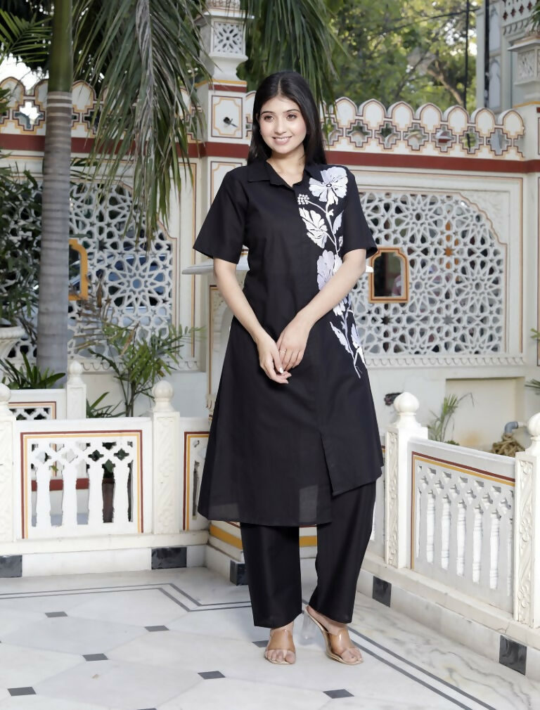 Miravan Women's Black Pure Cotton Floral Embroidered High Low Co-Ord Set
