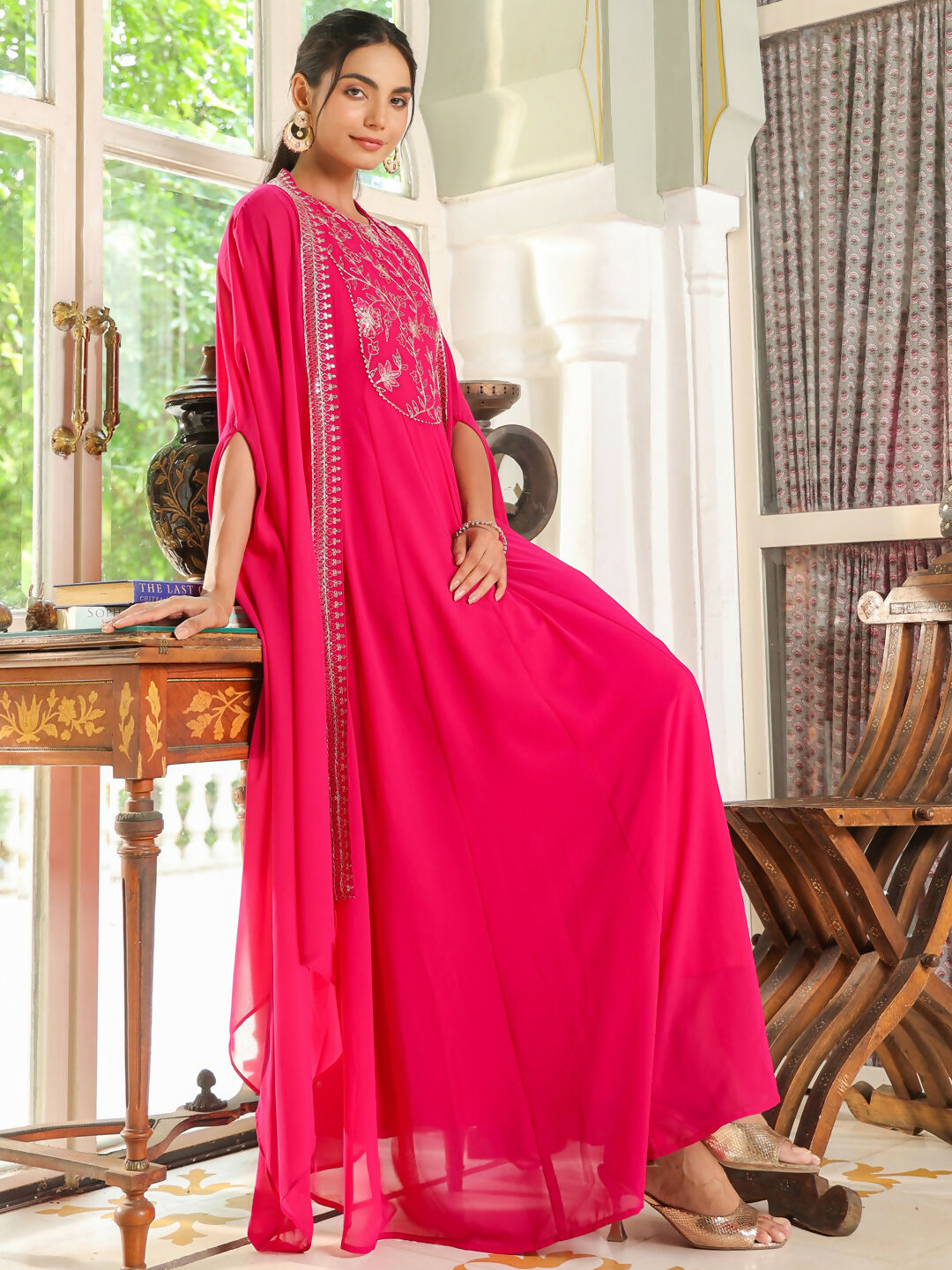 Janasya Pink Georgette Embroidered Dress & Cape