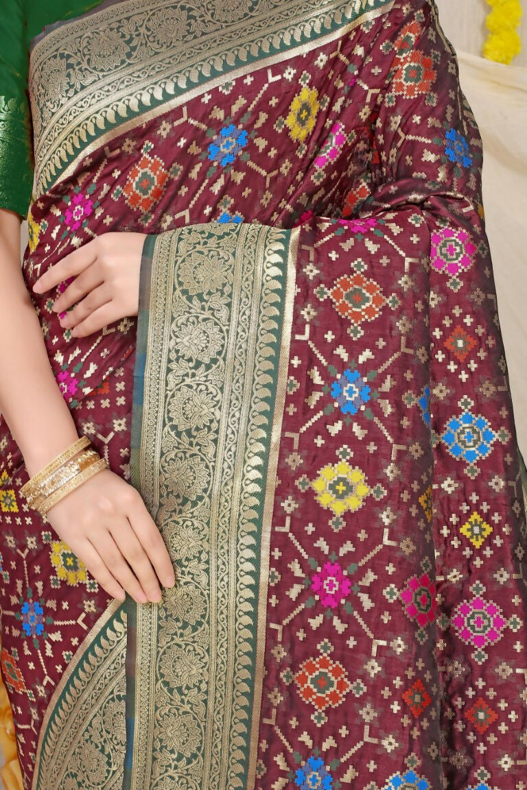 Jyoti Fashion Women's Wine Patola Silk Zari Woven Saree with Blouse
