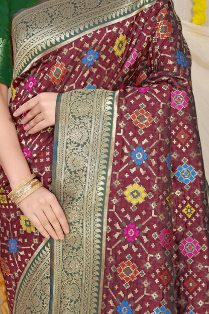 Jyoti Fashion Women's Wine Patola Silk Zari Woven Saree with Blouse