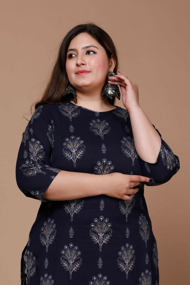 Miravan Women's Plus Size Navy Blue Printed Pure Cotton Kurta With Sharara