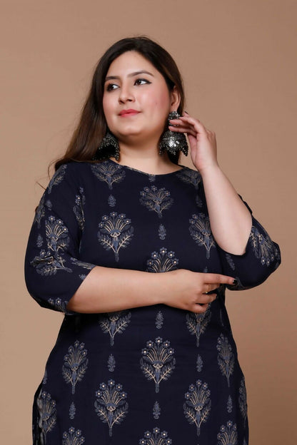 Miravan Women's Plus Size Navy Blue Printed Pure Cotton Kurta With Sharara