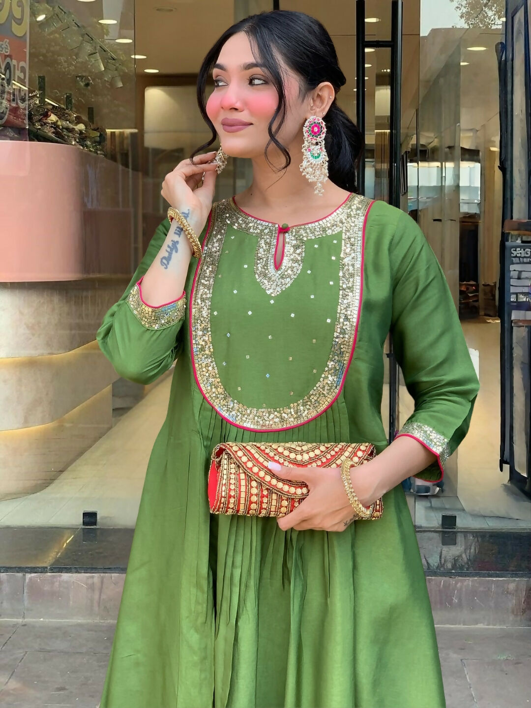 The52 Light Green Women's Gorgeous Embroidered Work Chanderi Fabric Flared Kurta Pant and Dupatta Set