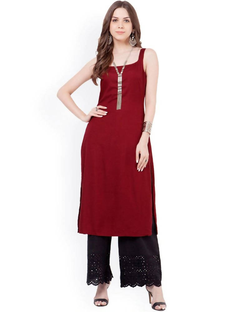 Indya Women Maroon Solid Straight Kurta
