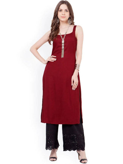 Indya Women Maroon Solid Straight Kurta