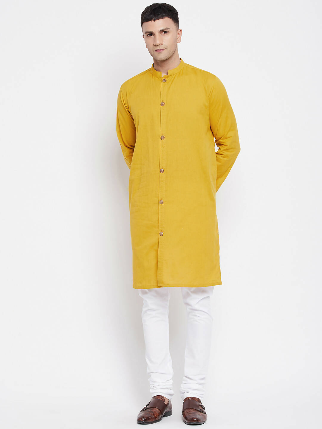 Even Apparels Yellow Pure Cotton Men's Sherwani Kurta With Open Front