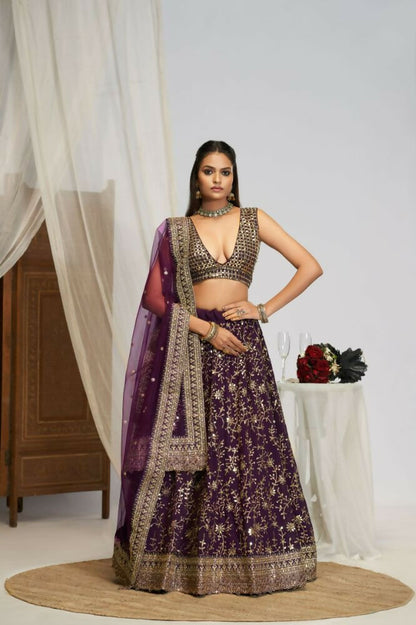 Purple Georgette Sequence Embroidery Work Lehenga Choli - Jihu Culture