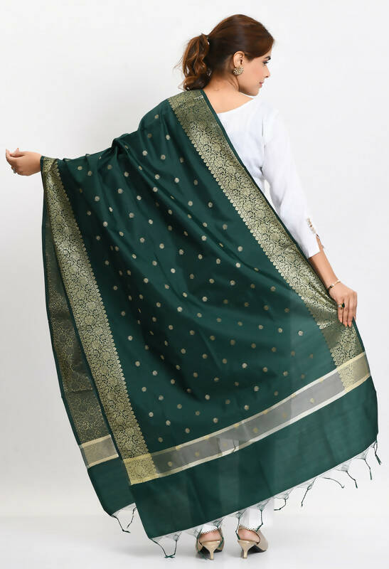 Mominos Fashion Moeza Women's Banarsi Silk Woven Design Bottle Green Dupatta
