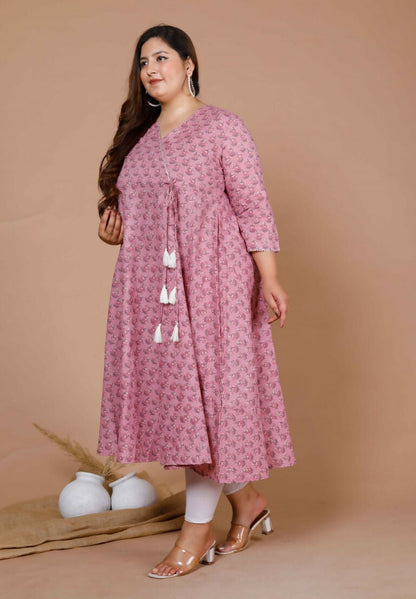 Miravan Women's Plus Size Pink Floral Printed Cotton Anarkali Kurta With Dupatta