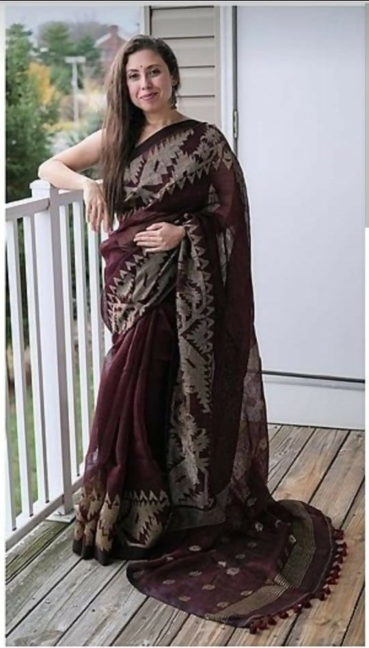 Exclusive Collection Deep Brown Beautiful Linen Jamdani Saree