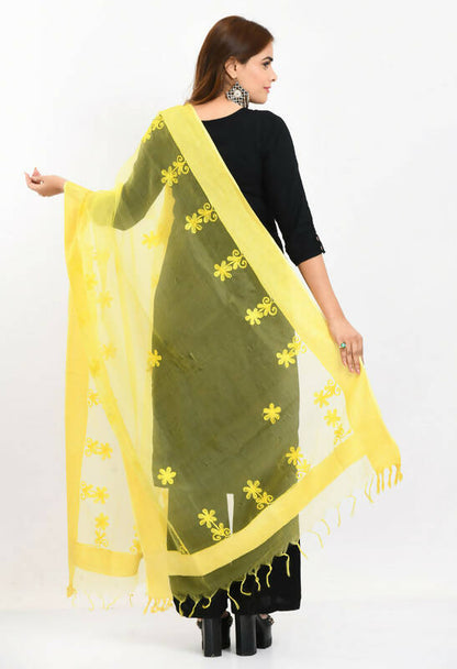 Mominos Fashion Moeza Women's Orgenza All Over Chikan Work Lemon Yellow Dupatta