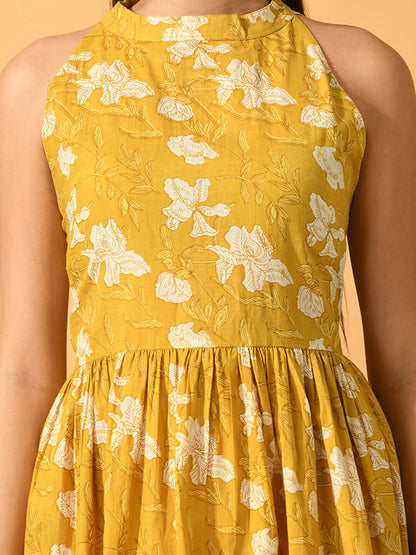 Myshka Women's Yellow Fit and Flare Party Dress